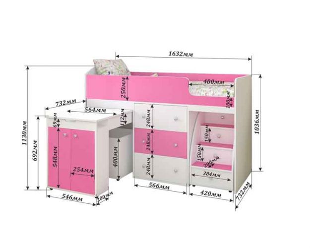 Кровать-чердак Малыш 1800 Бодего/Розовый